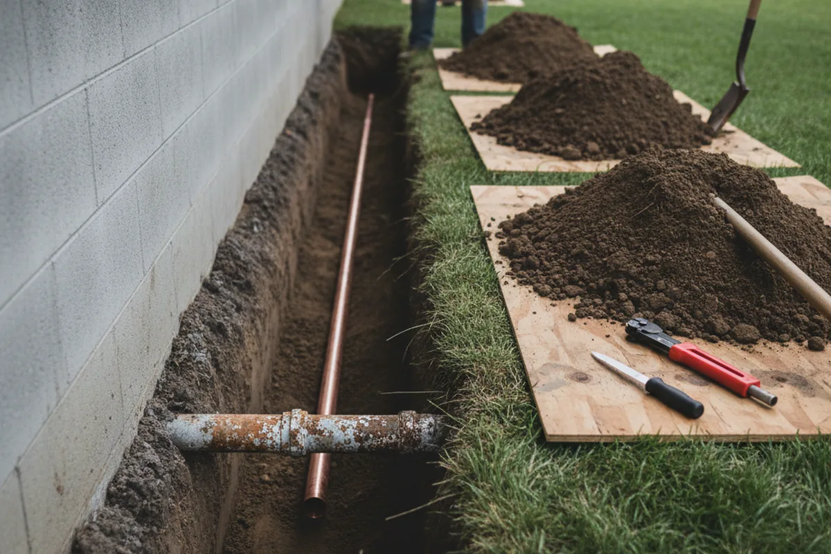 Excavated water line trench during Water Heater Repair in Sandy Ridge